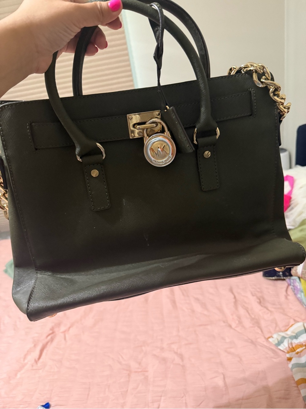 Vintage Michael Kors Black Leather Satchel with Gold Chain and Lock Charm 2013